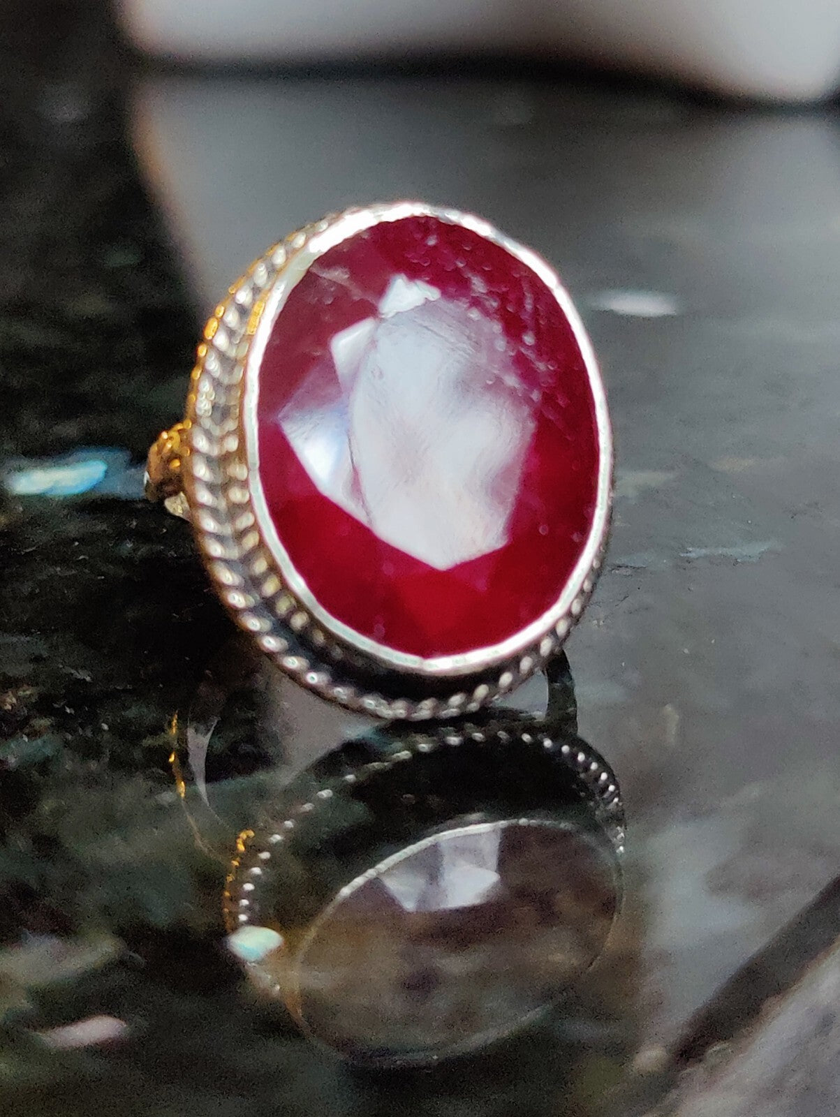 Stunning Vintage Sterling Silver Huge Ruby Ring size P Dress Coctail Statement