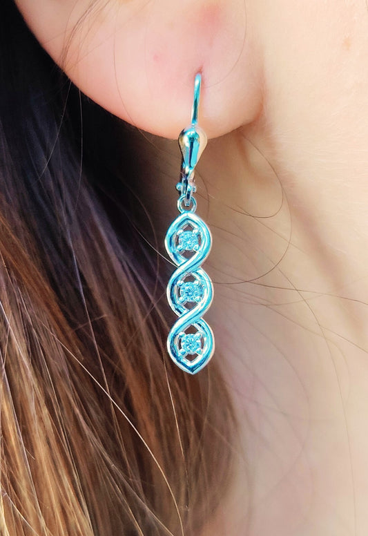 9ct White Gold triple Twist Drop Dangly Earrings with CZ Leverback Hallmarked