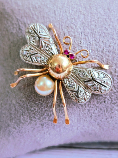 18K Rose Gold & Platinum Antique Victorian Diamonds Ruby & Pearl Bee Brooch Bug