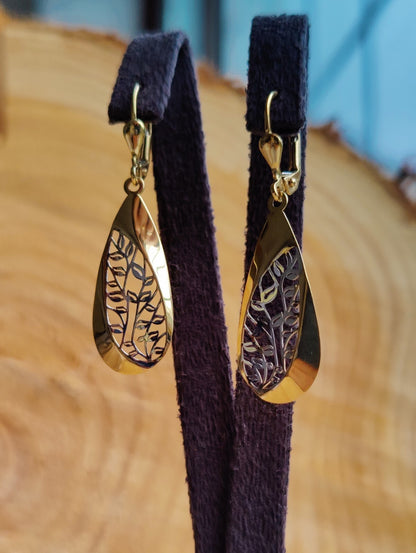 Solid Drop Dangly Earrings 9ct Yellow Gold Leverback Hallmarked Tree Pattern