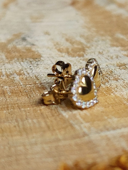 Solid 9ct Yellow Gold Stud Earrings Heart Shape Halo CZ Butterfly Fitting