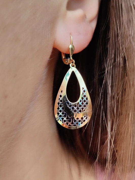 9ct Yellow/White Gold 2grams Drop Dangly Earrings Leverback Hallmarked Pear/Drop