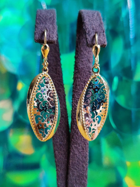 New  Drop Earrings 9ct Yellow/White Gold Leverback Hallmarked Floral Pattern