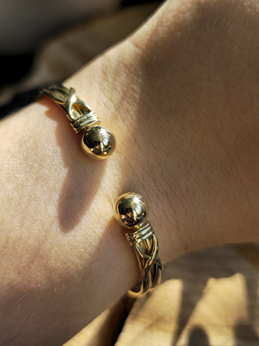 New Solid 9k Yellow Gold TORQUE BANGLE TORQ BALL Open Split BRACELET Patterned