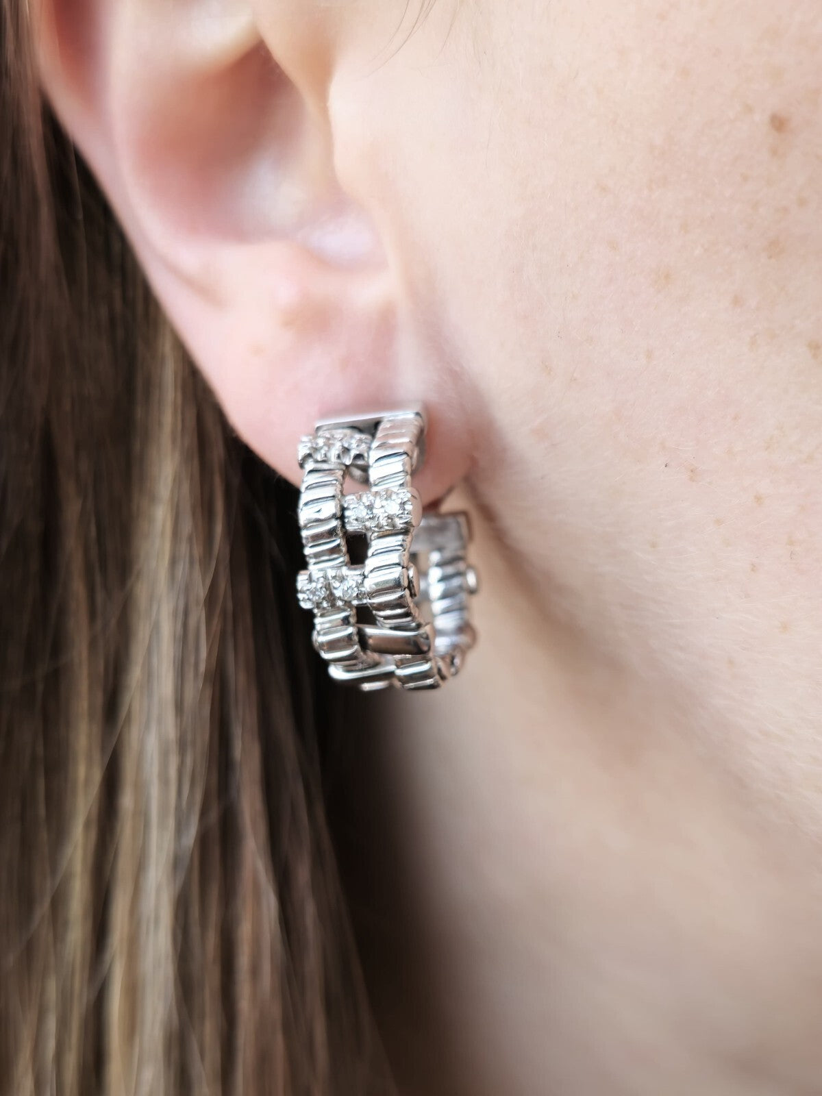 Solid 18k White Gold Diamond Earrings 25mm Heavy Hoops 18 GRAMS Omega Clasp