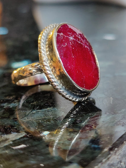 Stunning Vintage Sterling Silver Huge Ruby Ring size P Dress Coctail Statement