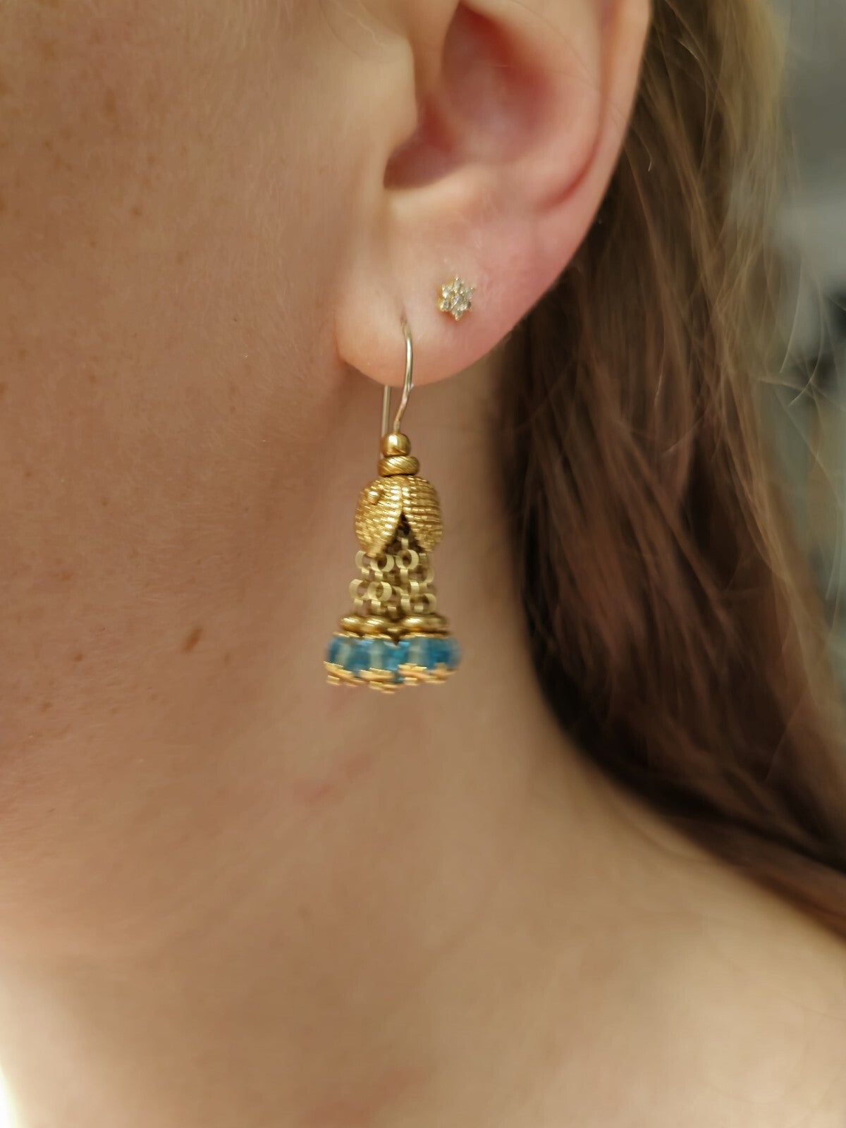 Solid 18K Yellow Gold Blue Topaz Chandelier Dangle Drop Earrings Hook Indian