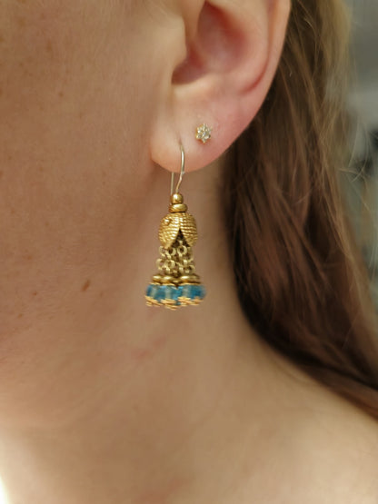 Solid 18K Yellow Gold Blue Topaz Chandelier Dangle Drop Earrings Hook Indian