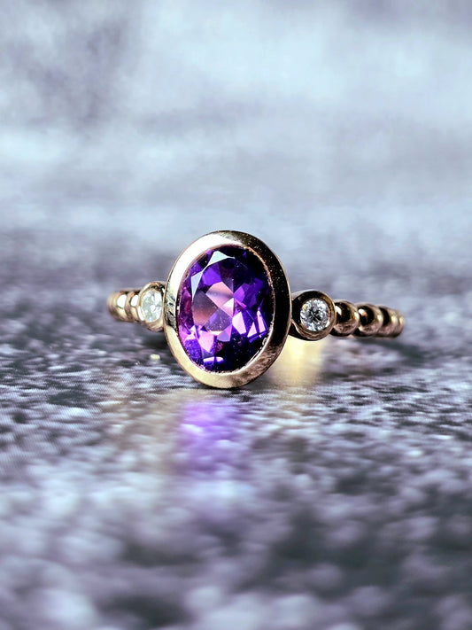 New 18ct Rose Gold Oval Amethyst and Diamonds Ring Cocktail Dress Bead Band