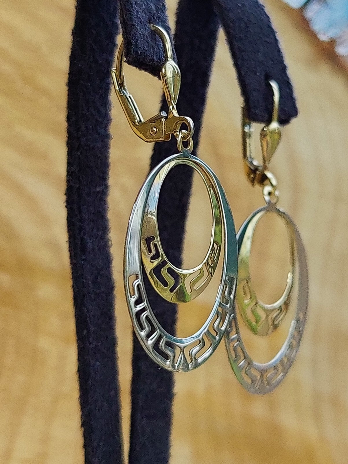 NEW OVAL Earrings 9ct Yellow/White Gold Leverback Hallmarked Greek Key Pattern 