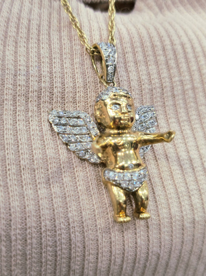 10K YELLOW GOLD PENDANT BABY ANGEL NATURAL DIAMONDS WINGS CROSS WITH CHAIN 25"