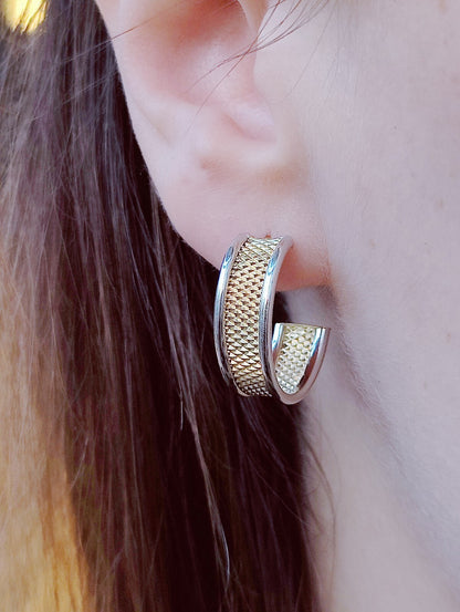 NEW 9ct Solid Yellow/White Gold Half Hoop Earrings Studs Diamond Cut Pattern