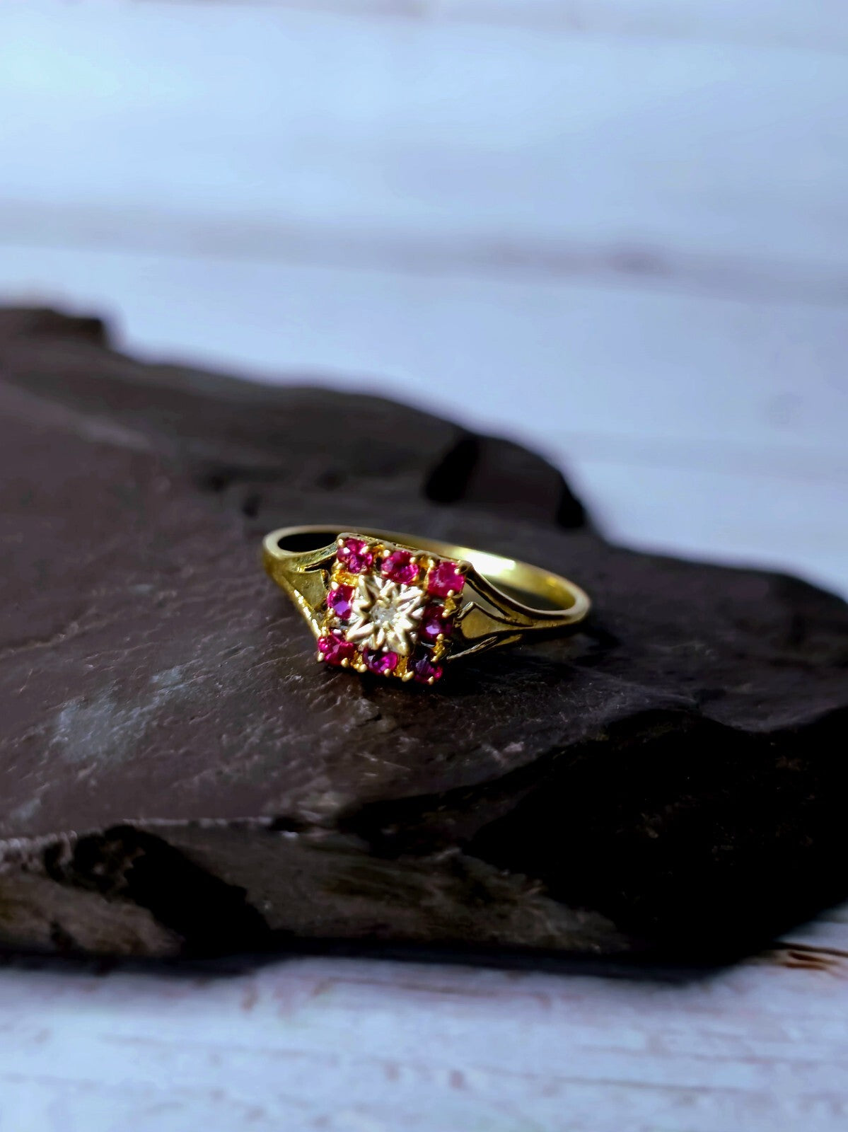 Vintage 9ct Yellow Gold Diamond Ruby Ring Square Cluster Ring size M+
