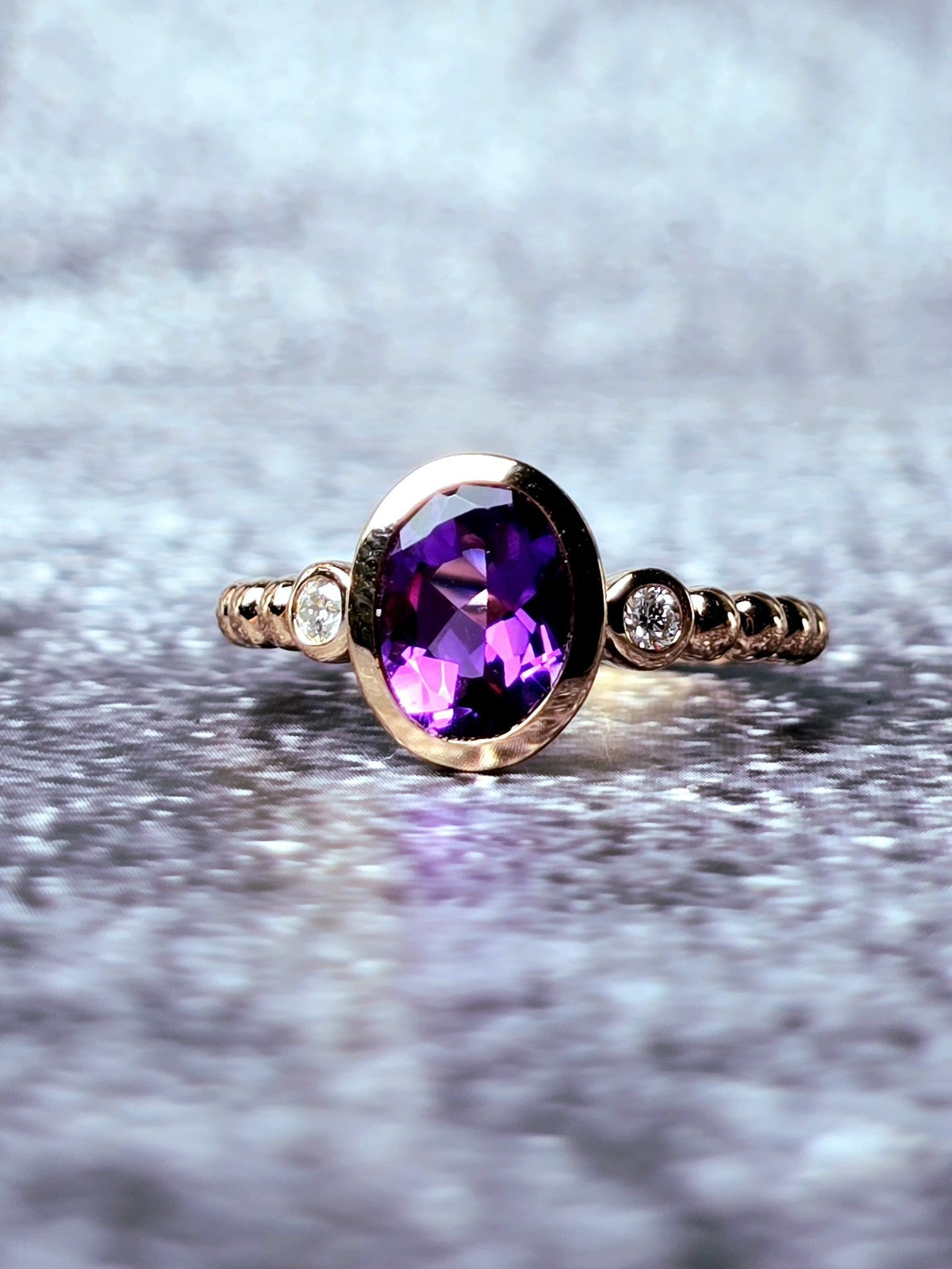 New 18ct Rose Gold Oval Amethyst and Diamonds Ring Cocktail Dress Bead Band