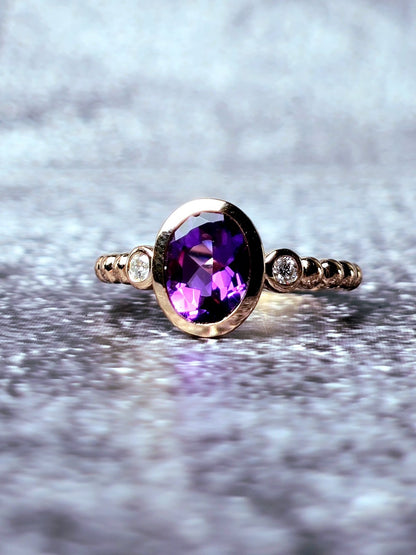 New 18ct Rose Gold Oval Amethyst and Diamonds Ring Cocktail Dress Bead Band