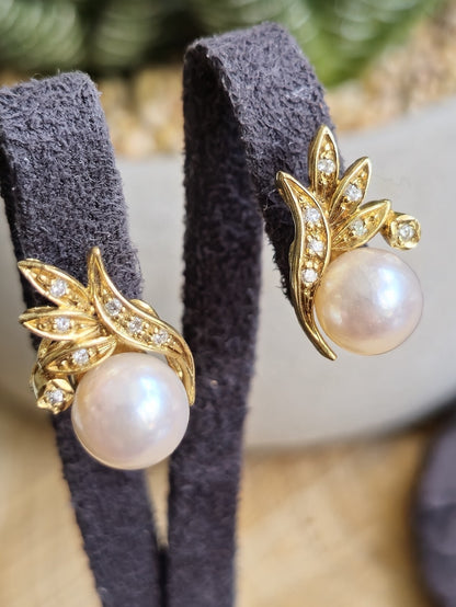 18K Yellow Gold Sea Water Pearl Stud Earrings with Diamonds Studs Solid Gold