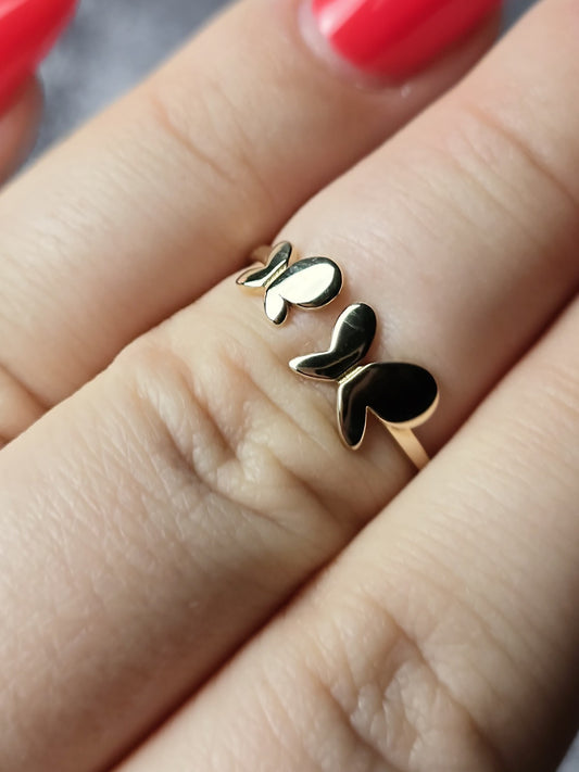 9ct Yellow Gold Butterfly Ring Split Shank Two Butterflies s: J Band Hallmarked