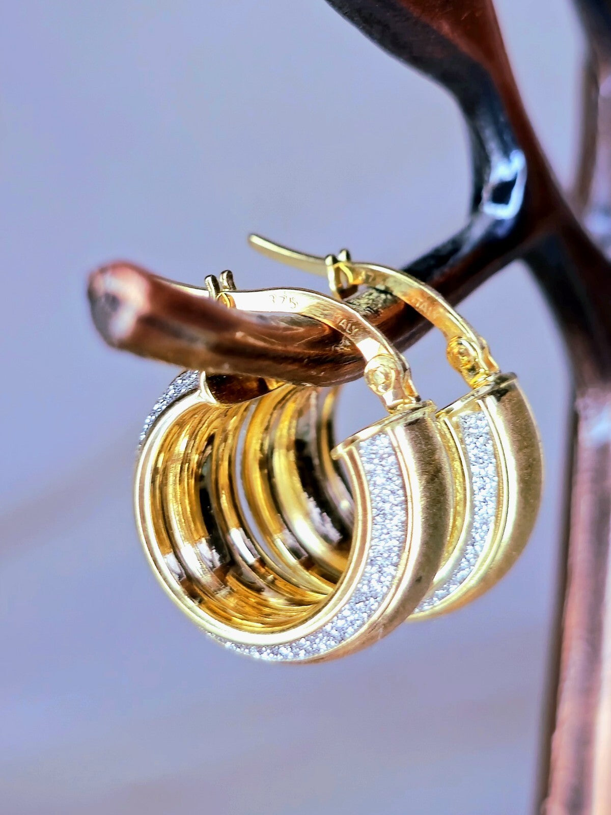9ct Solid Yellow Gold Wide Hoop Earrings Damond Dust Hoops Glitter Moon-dust