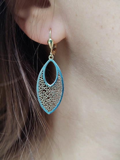 Solid Drop Dangly Earrings 9ct Yellow Gold Leverback Decorative Floral Pattern