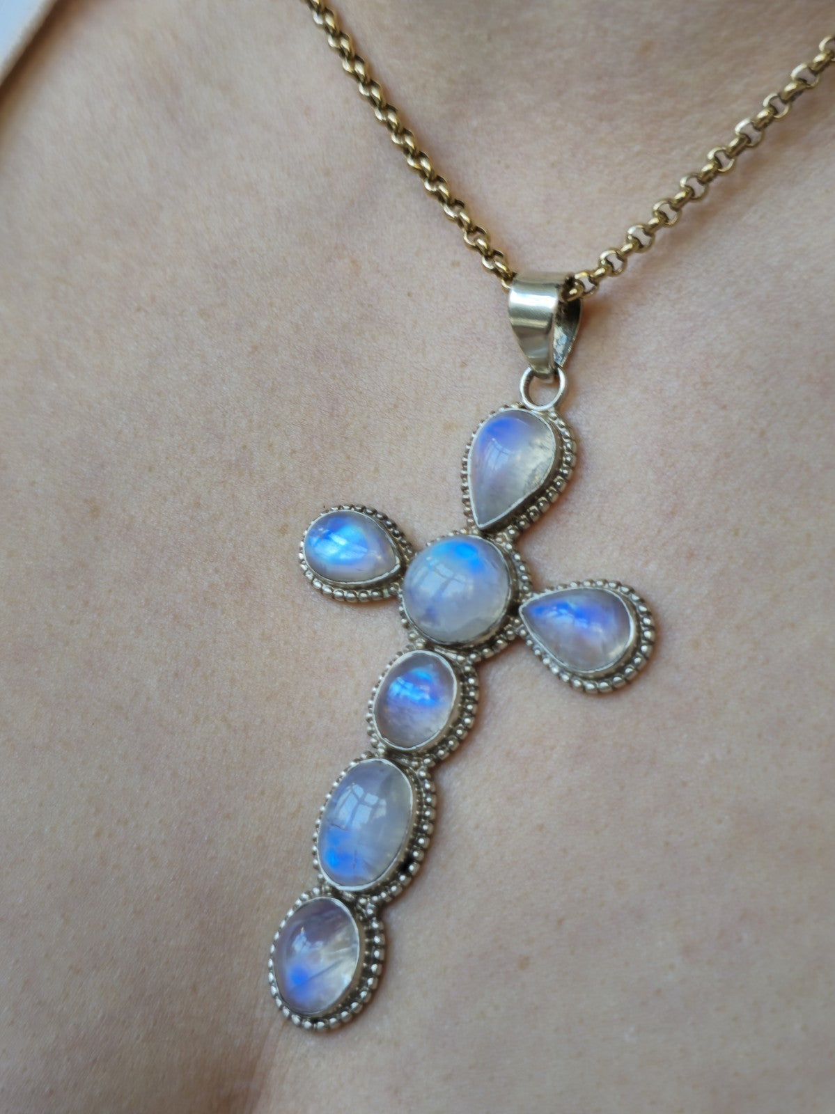 Large Solid 925 Sterling Silver Cross with Multi-shape Moonstones Pendant 9CM