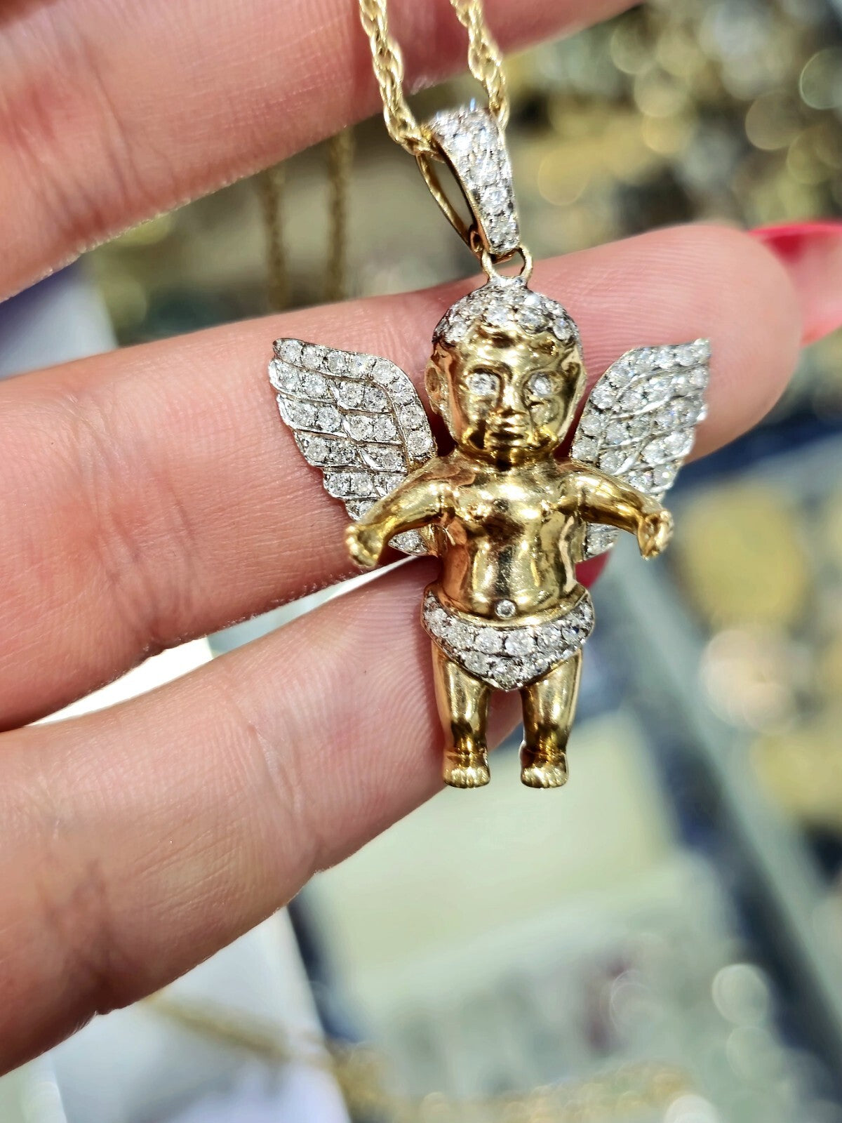 10K YELLOW GOLD PENDANT BABY ANGEL NATURAL DIAMONDS WINGS CROSS WITH CHAIN 25"