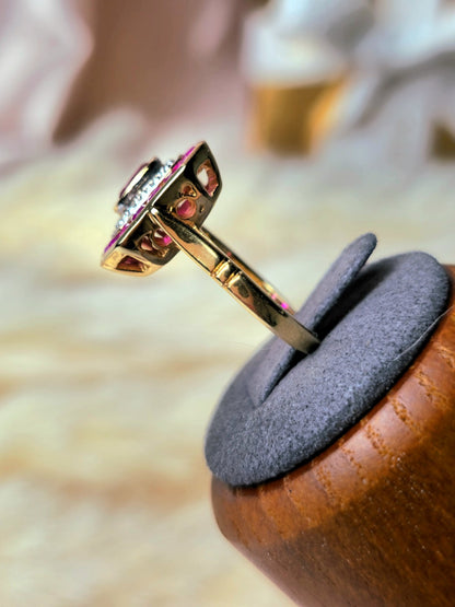 New 18ct Yellow Gold Coctail Square Ruby Ring with 1ct Oval Ruby