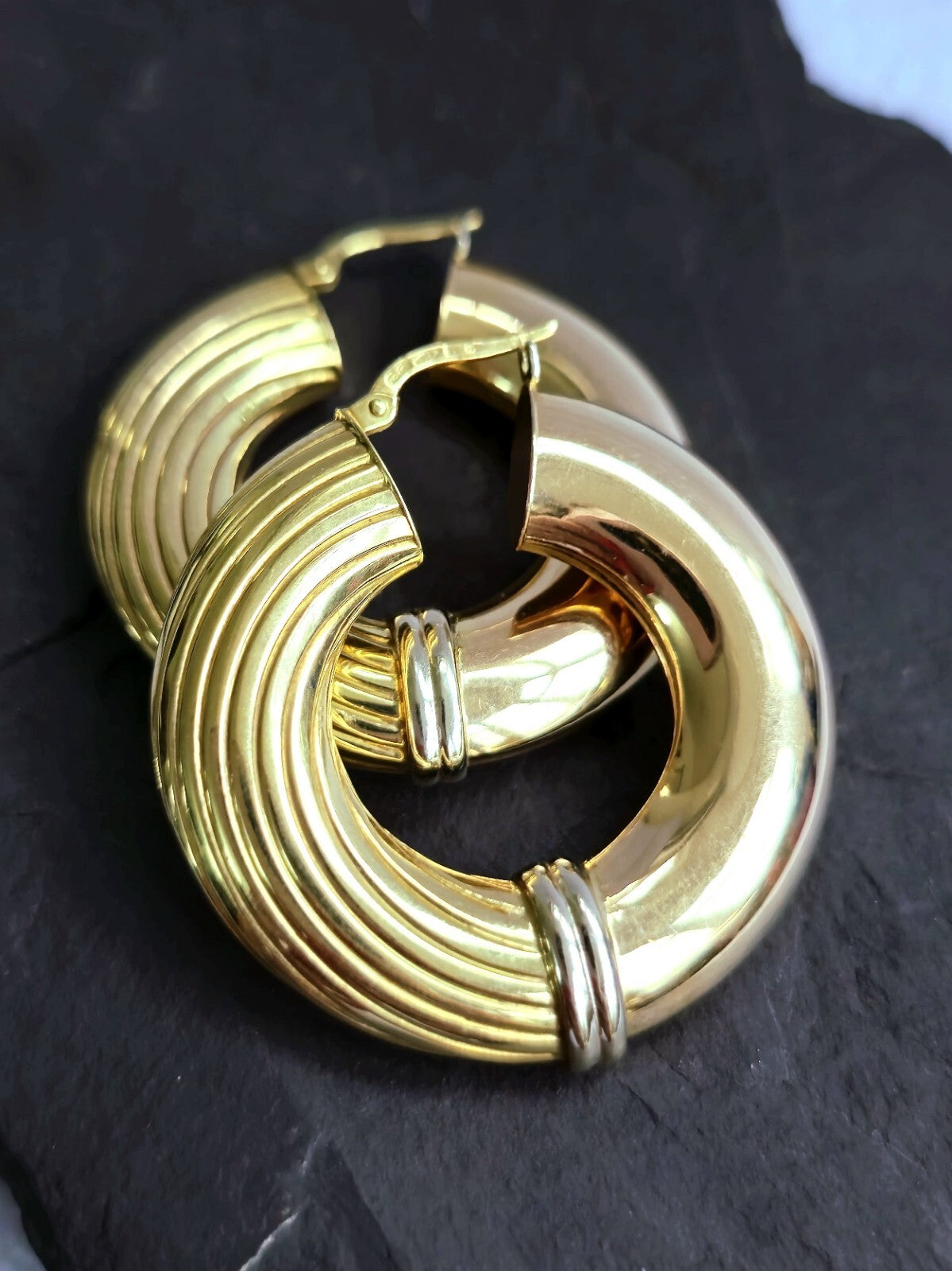 18ct Yellow Gold CHUNKY ROUND CREOLE HOOP EARRINGS Fashion 37mm Hoops Thick