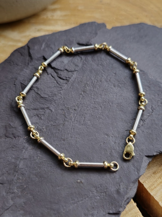 Solid 9ct White/Yellow Gold BRACELET Twisted TUBE link  7.8inch/20cm