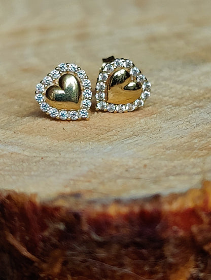 Solid 9ct Yellow Gold Stud Earrings Heart Shape Halo CZ Butterfly Fitting