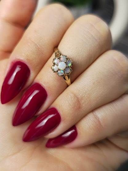 Lovely 9ct Yellow Gold Flower Opal Ring Cluster Prong Set Size N Hallmarked