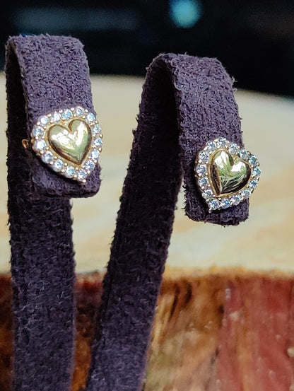 Solid 9ct Yellow Gold Stud Earrings Heart Shape Halo CZ Butterfly Fitting