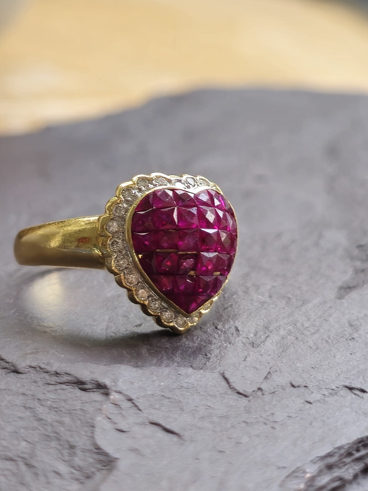Stunning 14ct Yellow Gold Ruby Heart shape Diamond Halo Ring size M+ French Cut