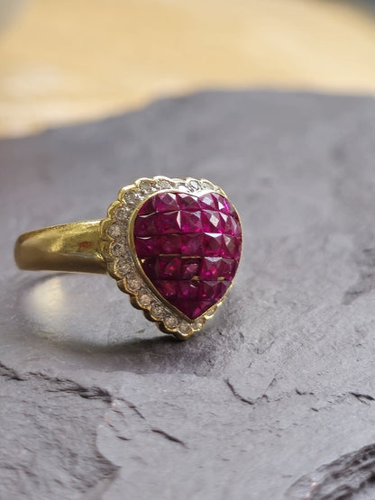 Stunning 14ct Yellow Gold Ruby Heart shape Diamond Halo Ring size M+ French Cut