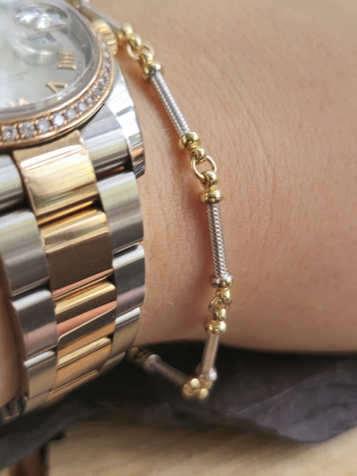 Solid 9ct White/Yellow Gold BRACELET Twisted TUBE link  7.8inch/20cm