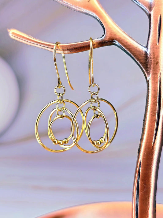 New Solid 9ct Yellow Gold Multi Circle Moving Dangling 3D Drop Earrings Hook