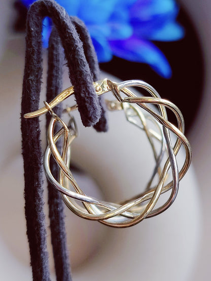 Twisted 9ct Solid Yellow/White Gold Wired Hoop Earrings Creole Wire Hoops 23mm
