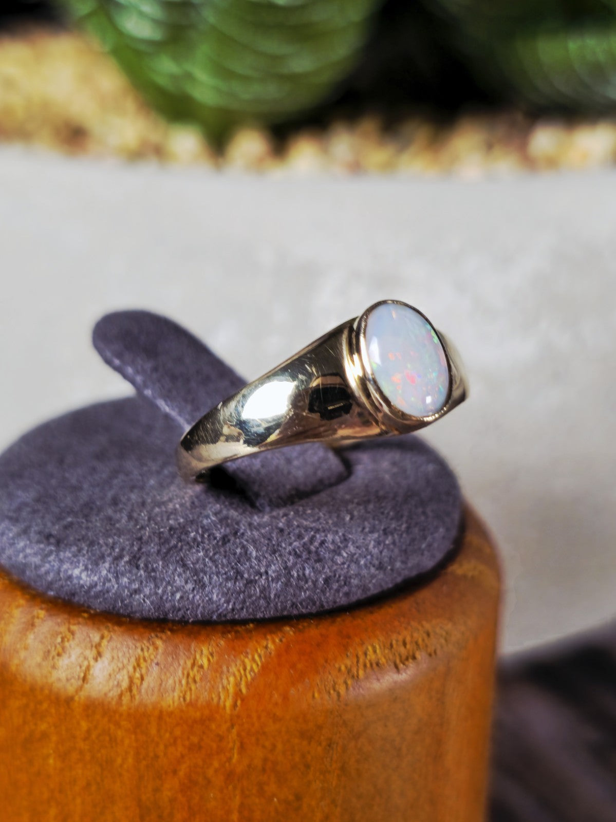 Cute Solid 9ct Yellow Oval Cabochon Opal Ring Bezel Set size M Pinky Signet Ring