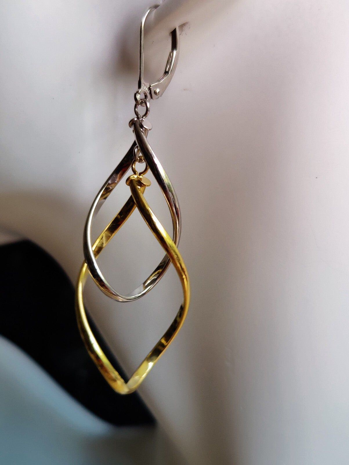 New Solid 9ct Yellow White Gold Double Twist Drop Earrings Leverback Clasp 