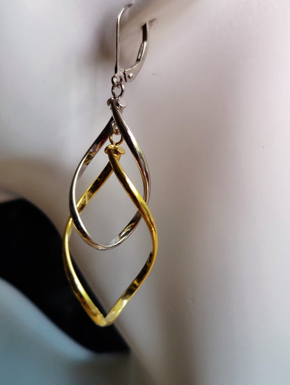 New Solid 9ct Yellow White Gold Double Twist Drop Earrings Leverback Clasp 