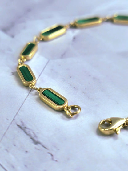 New Solid 9k Yellow Gold And Malachite Bracelet 7.5inch Hallmarked Lovely