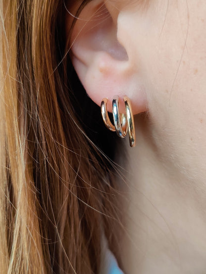 Solid 9ct Yellow/White/Rose Gold Hoop Earrings Trinity Three Colour New Circles