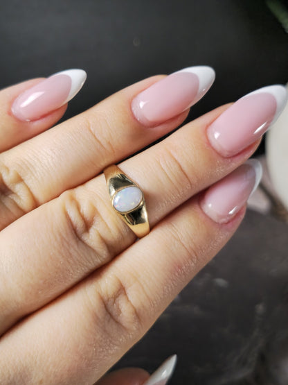 Cute Solid 9ct Yellow Oval Cabochon Opal Ring Bezel Set size M Pinky Signet Ring