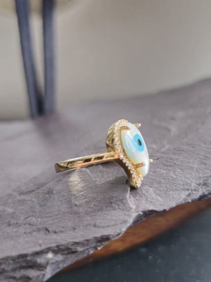 14k Yellow Gold Evil Eye Set of  Ring and Earrings English Clasp