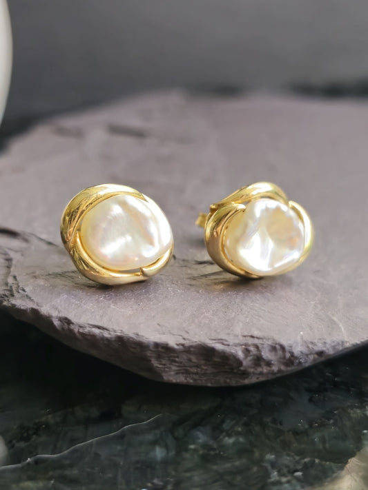 14K Yellow Gold Baroque Pearl Stud Earrings Hallmarked 3.6g Double Gallery