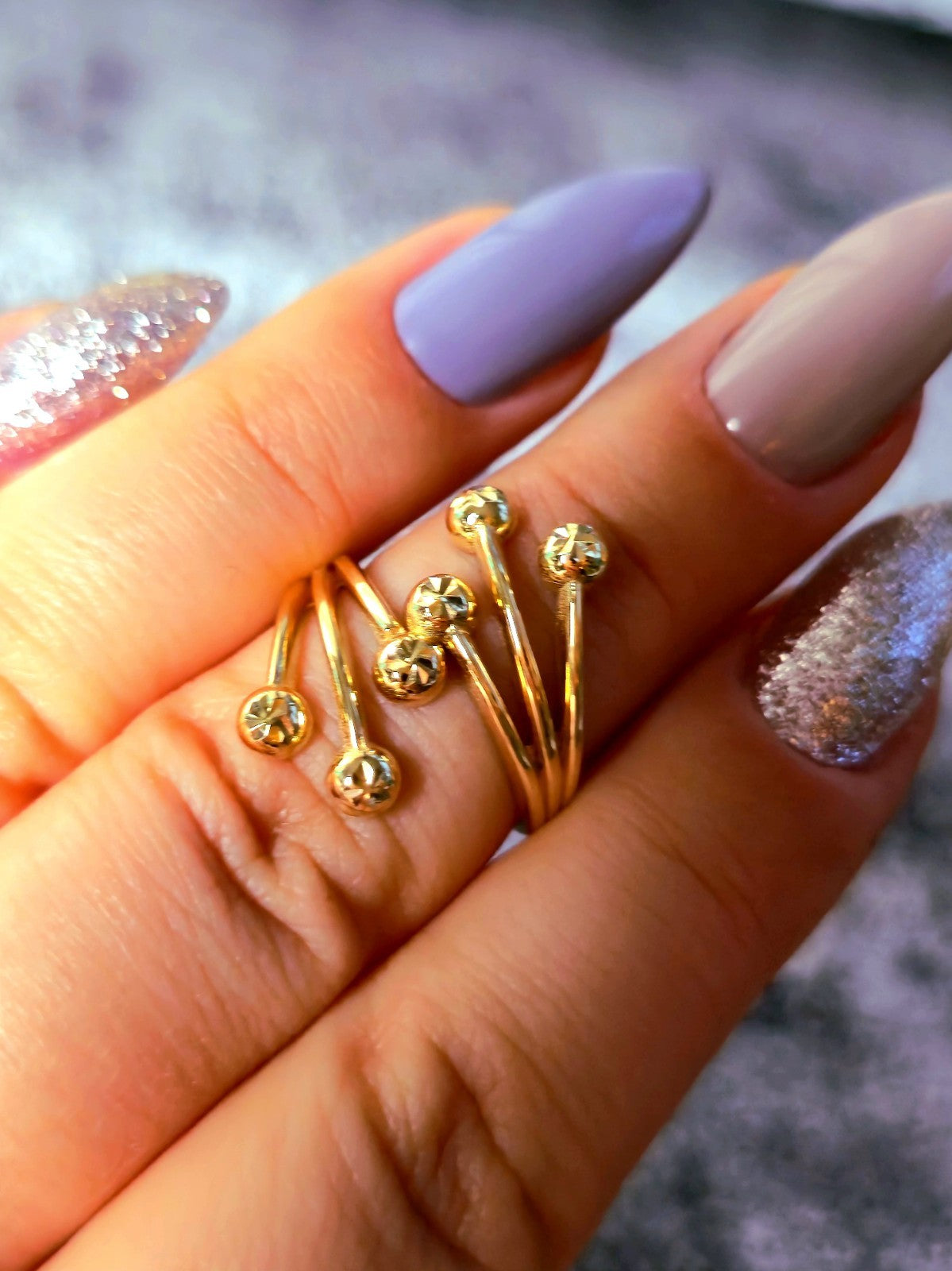 14K Yellow Gold Fancy Statement Design Ring Split Shank Diamond Cut Balls size M