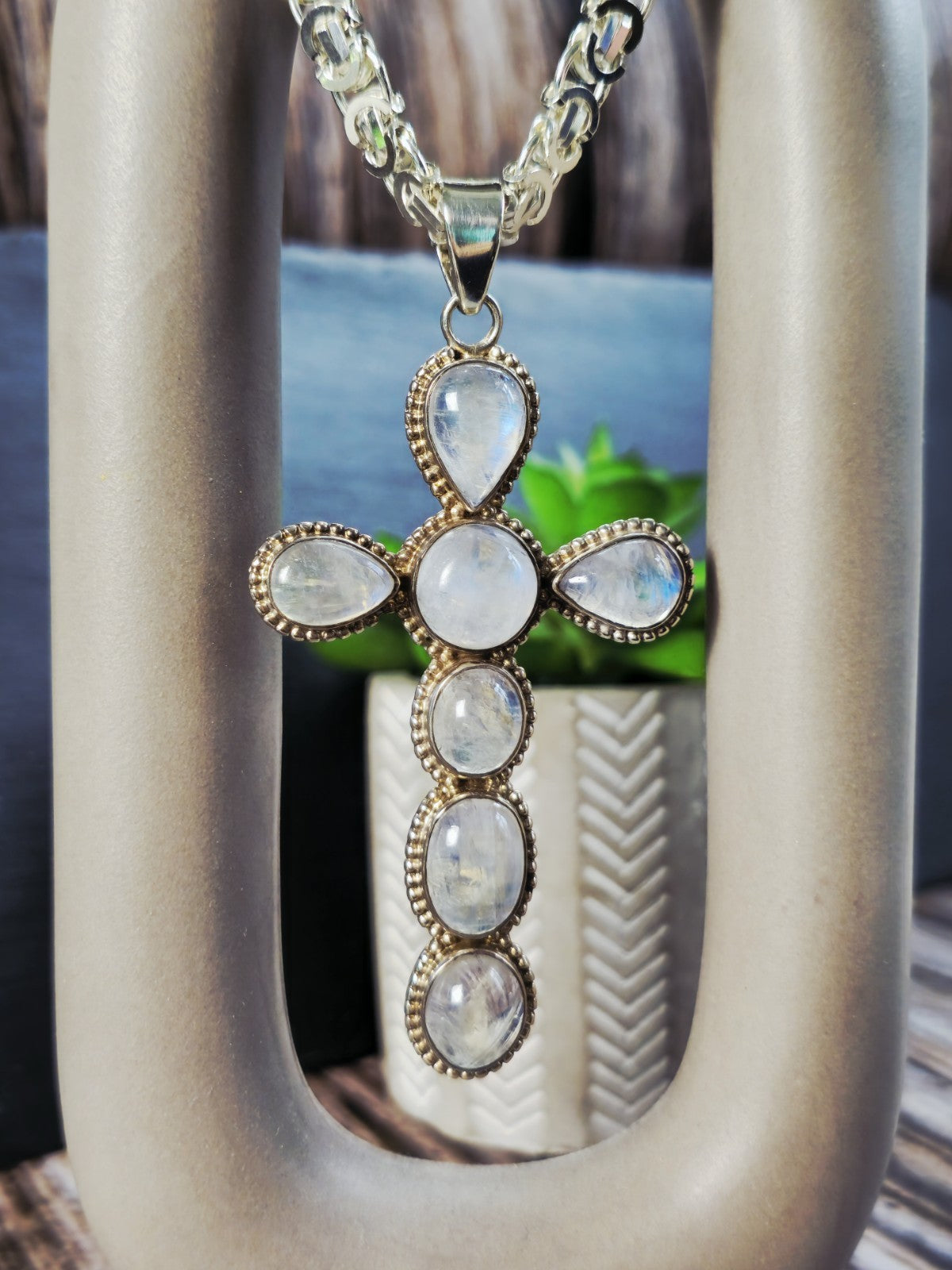 Large Solid 925 Sterling Silver Cross with Multi-shape Moonstones Pendant 9CM