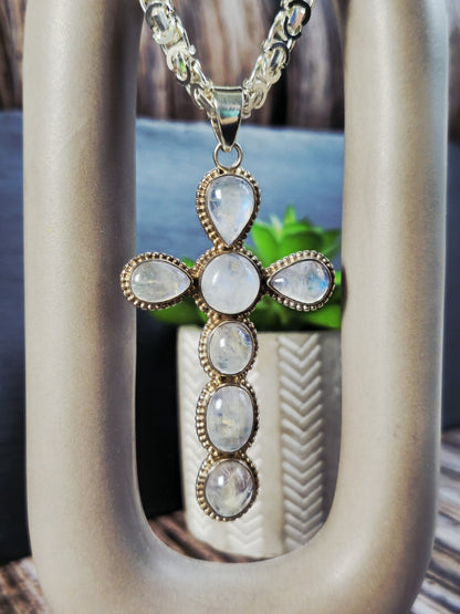 Large Solid 925 Sterling Silver Cross with Multi-shape Moonstones Pendant 9CM