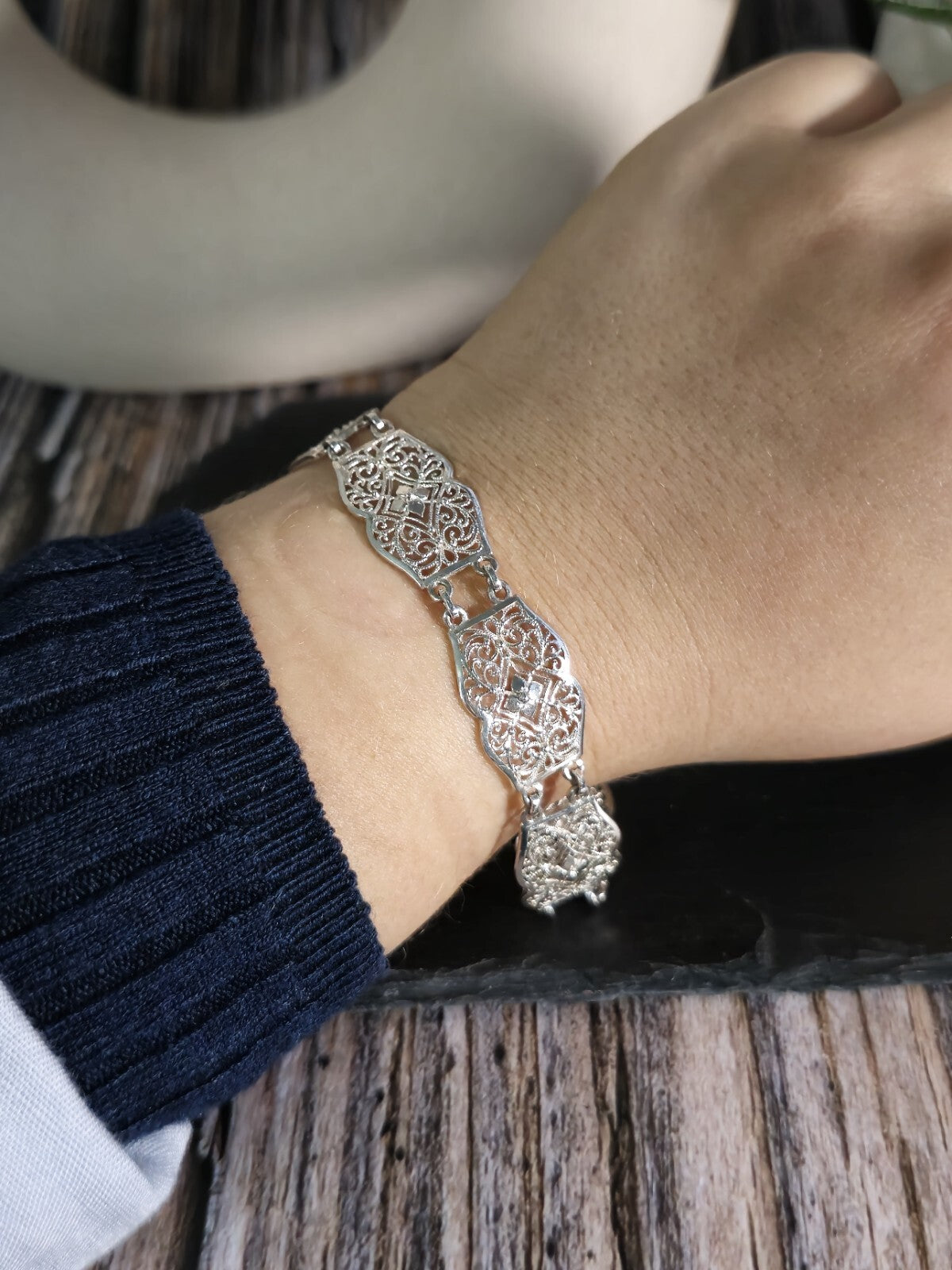 925 Sterling Silver Fancy Decor Bracelet Wide 14mm 7inch/18cm Hallmarked