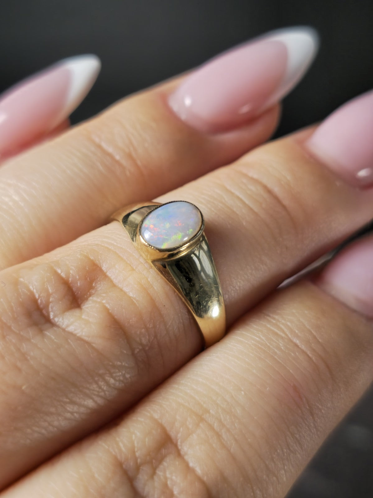Cute Solid 9ct Yellow Oval Cabochon Opal Ring Bezel Set size M Pinky Signet Ring