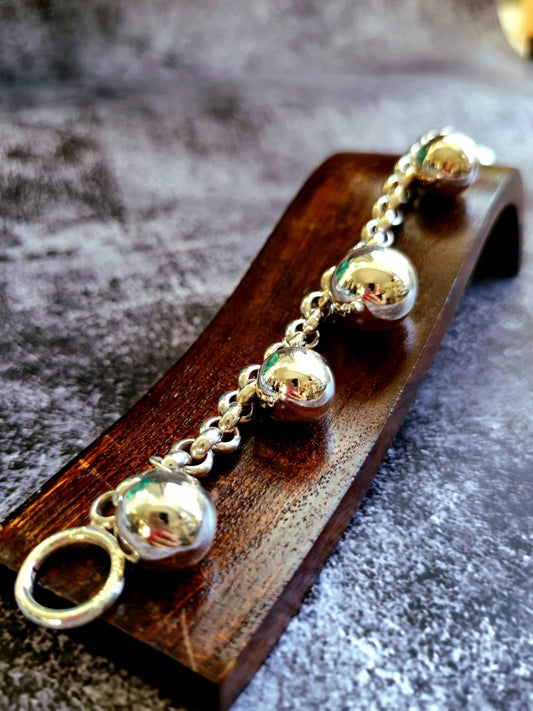 Sterling Silver Chunky Ball Charm Chain Bracelet 5 Dangling Balls Big Heavy